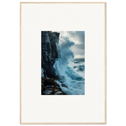 Powerful ocean wave crashing on rocky cliff, perfect for baptism translation room decor