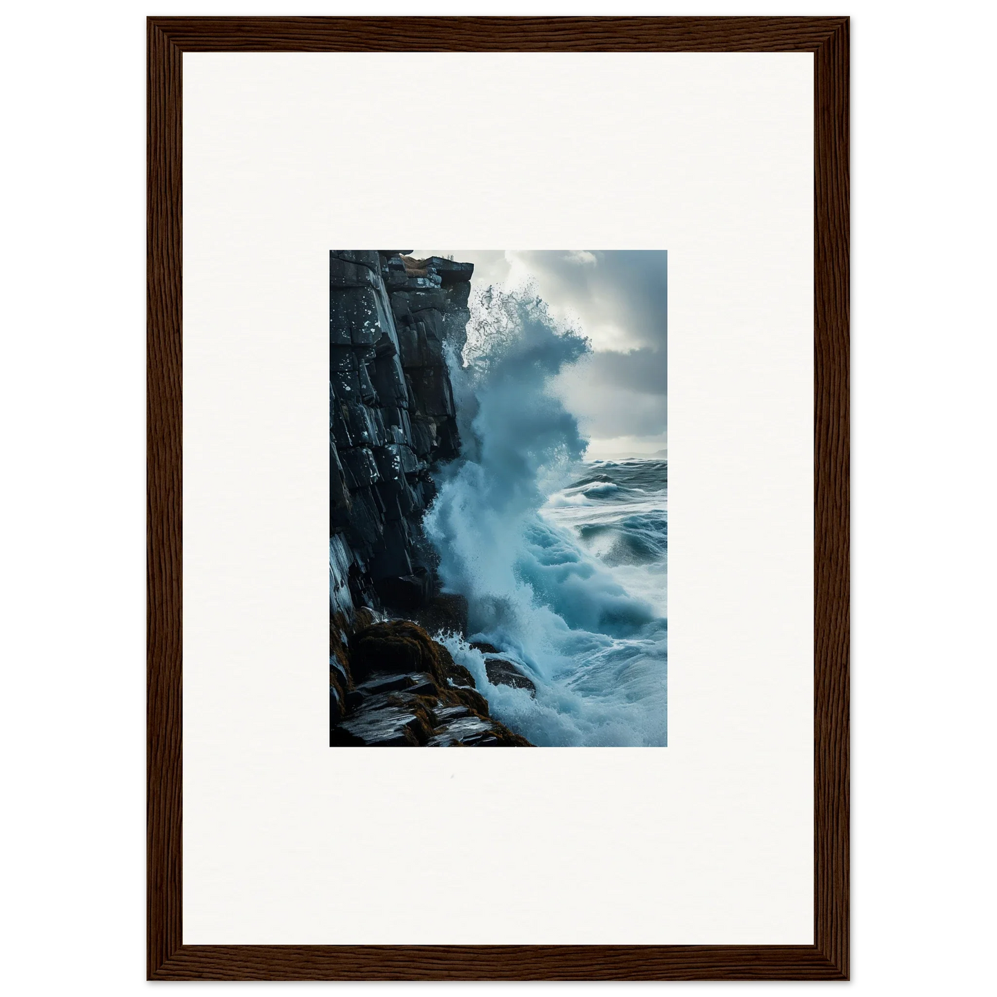 Powerful ocean wave crashing on rocky cliff, ideal for baptism translation wall art