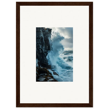 Powerful ocean wave crashing on rocky cliff, ideal for baptism translation wall art