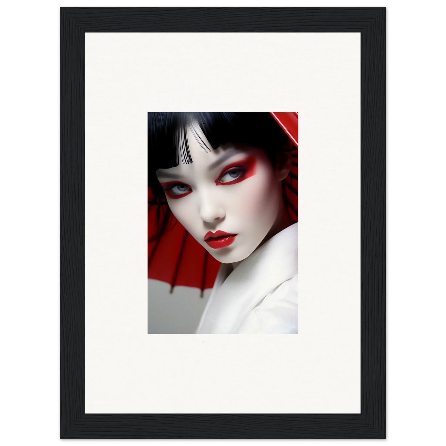 Framed canvas print of a woman radiating Scarlet Visions with bold red makeup