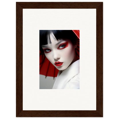 Framed canvas print of a woman in striking red and white makeup for room decoration