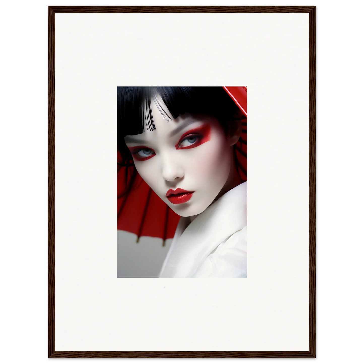 Framed canvas print of a woman with red makeup, perfect for scarlet visions room decoration