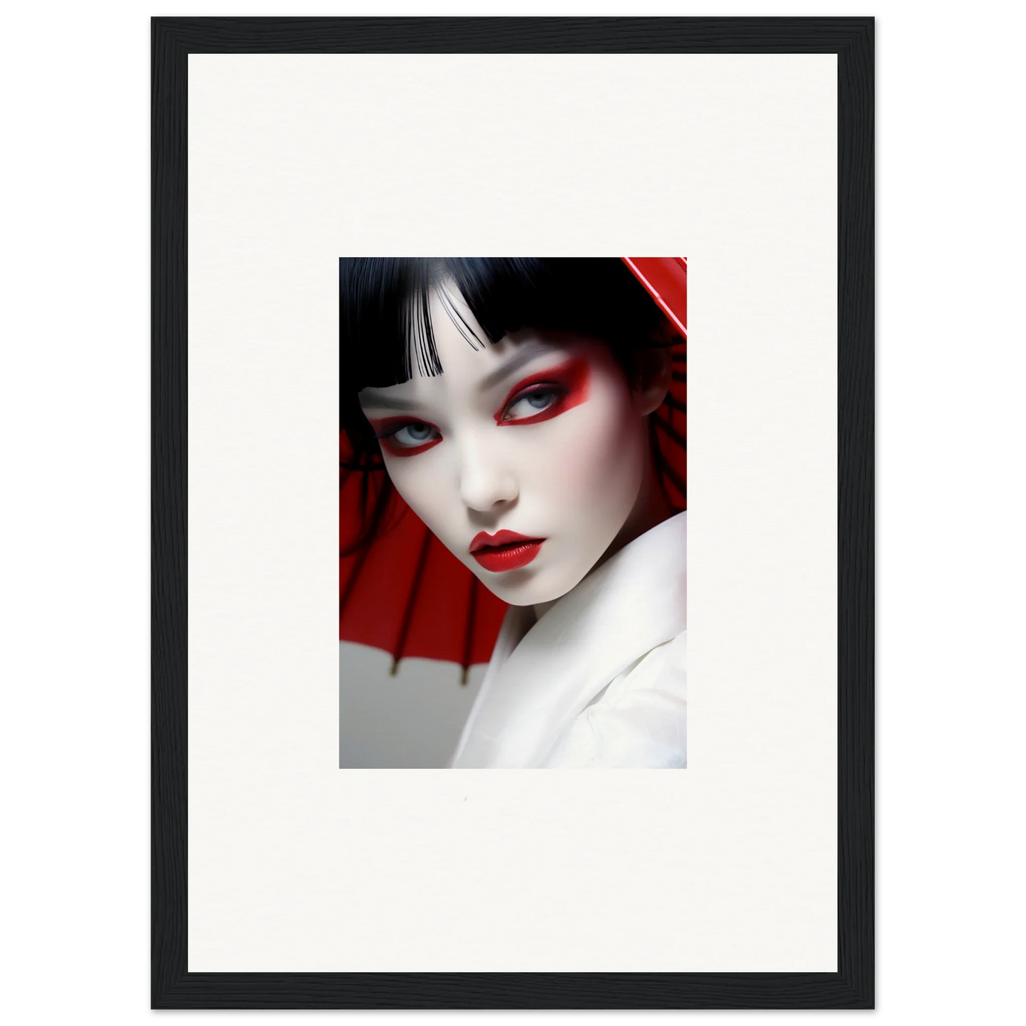 Framed canvas print of a woman with bold red makeup, perfect for scarlet visions room decoration