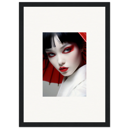 Framed canvas print of a woman with bold red makeup, perfect for scarlet visions room decoration