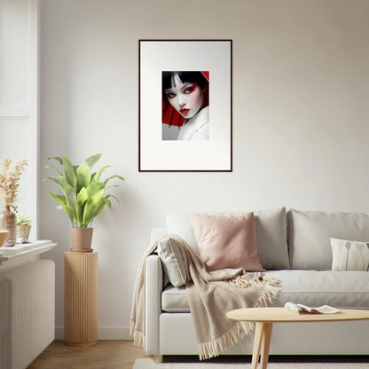 Framed canvas print of a woman with striking scarlet visions makeup for room decoration