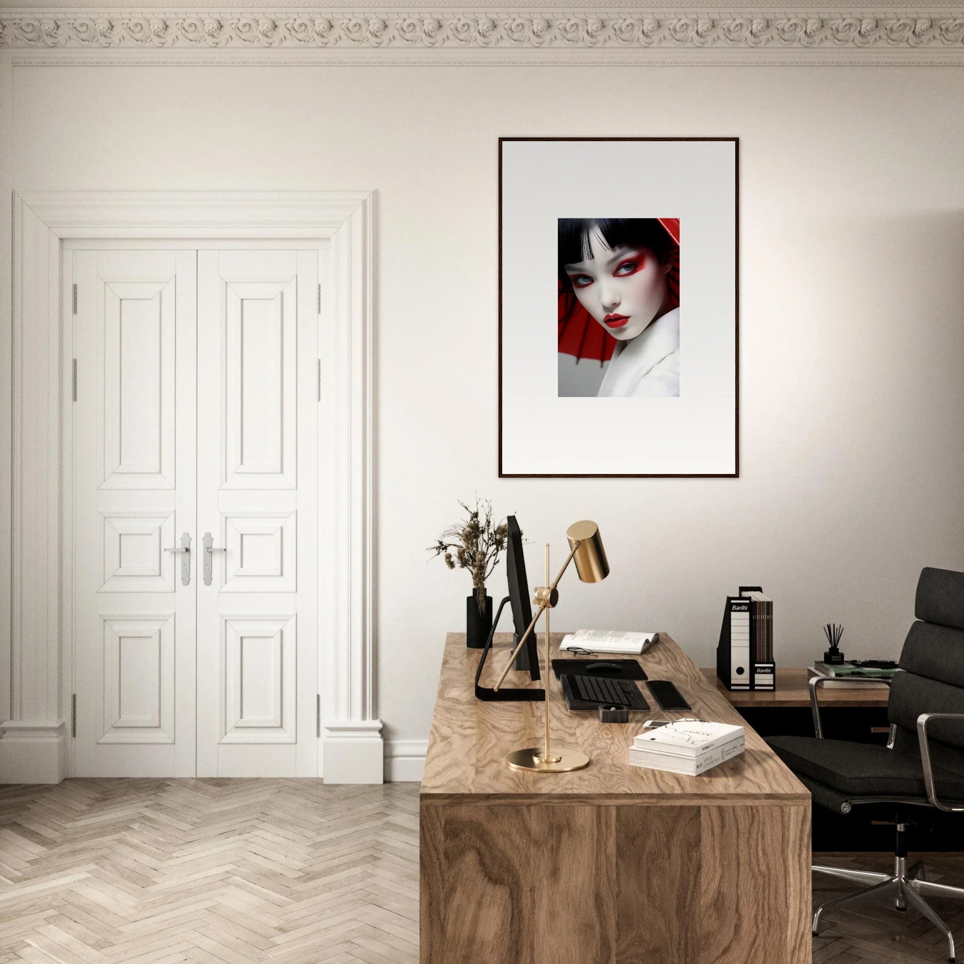 Stylish home office with wooden desk and Scarlet Visions canvas print for room decoration