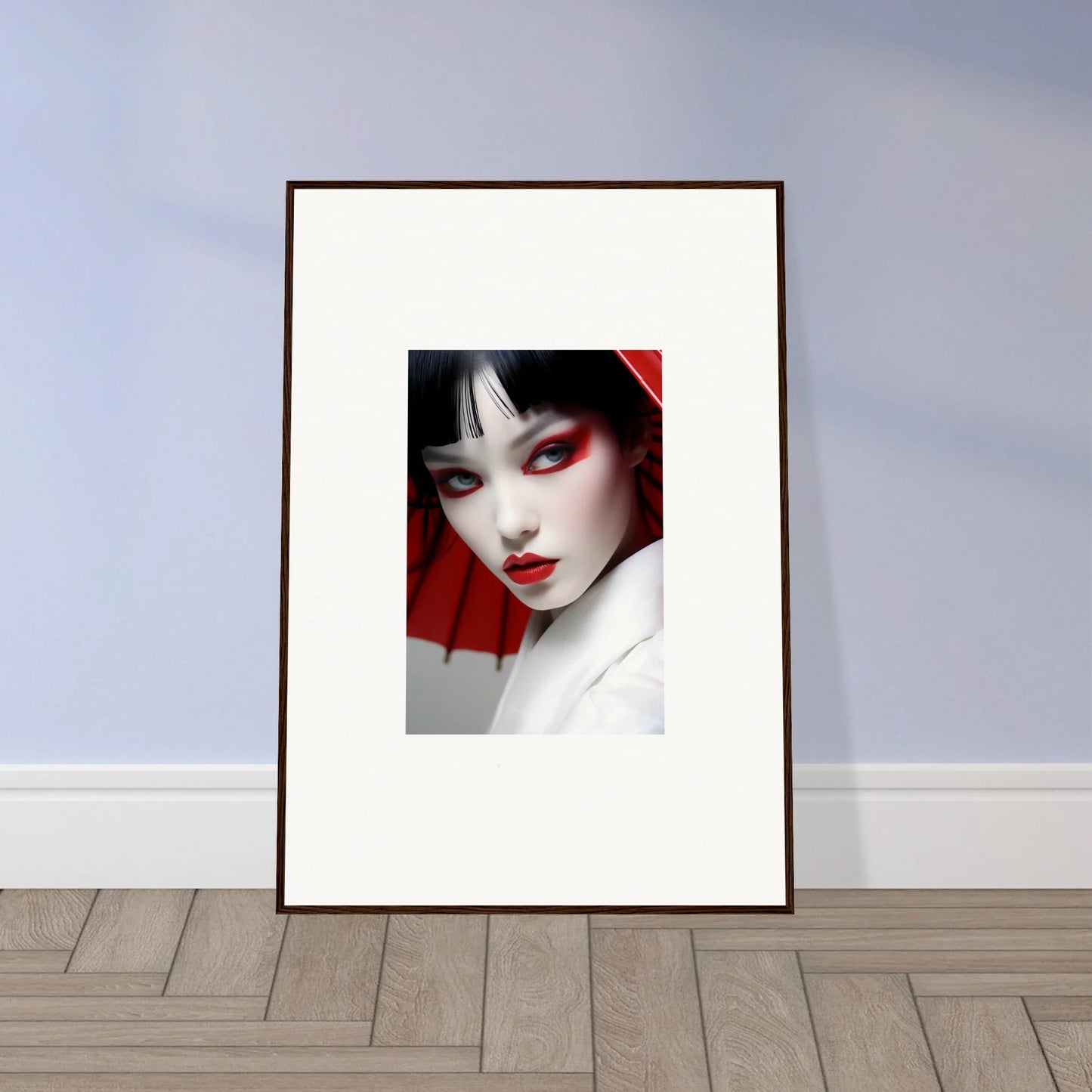 Framed canvas print of a woman with geisha-inspired makeup for vibrant room decoration