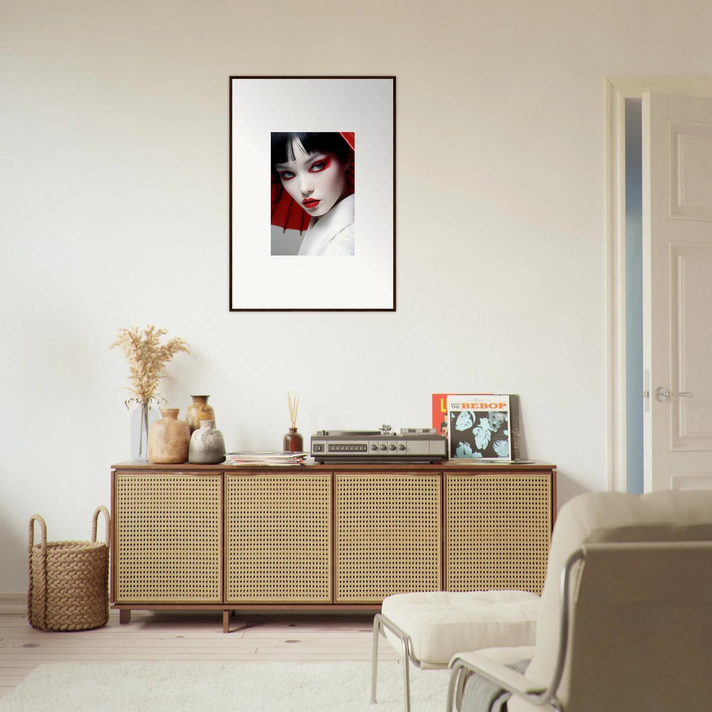 Rattan-fronted wooden sideboard showcasing decorative items for scarlet visions room decoration