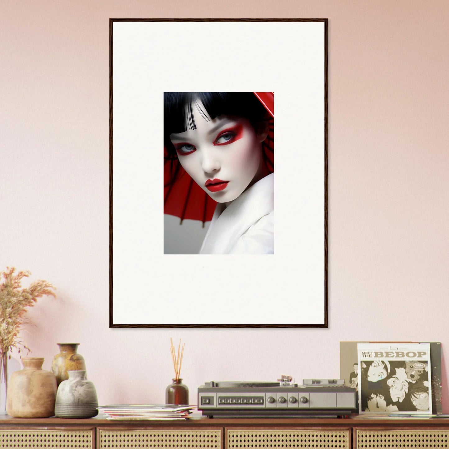 Framed canvas print of a woman with red eye makeup for striking room decoration