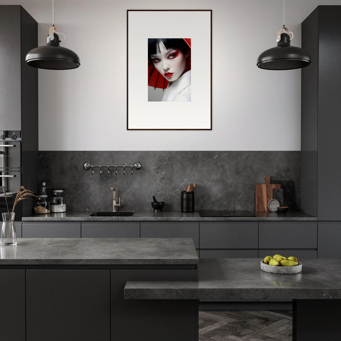 Modern kitchen with dark cabinets featuring a stunning canvas print of Scarlet Visions