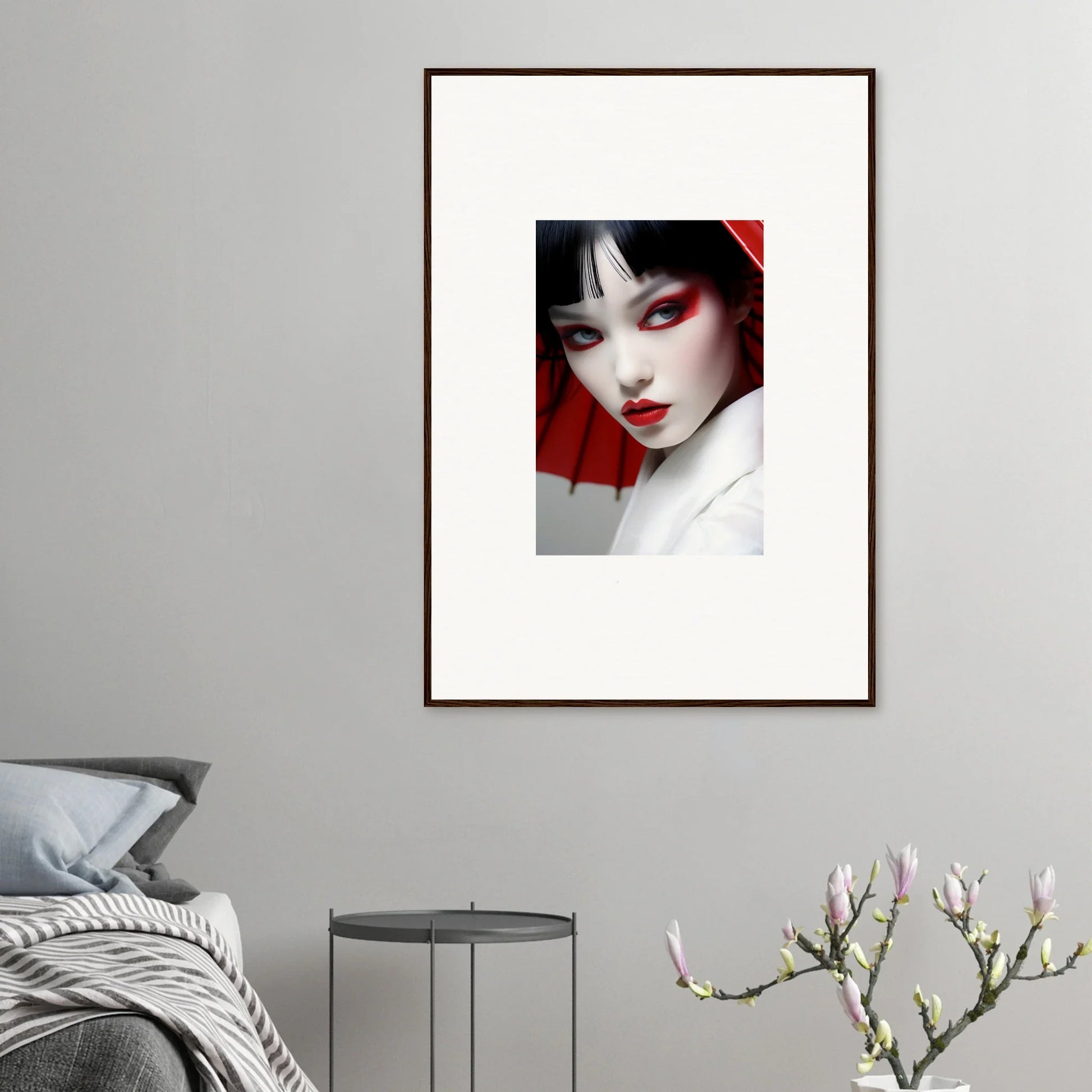 Framed portrait with bold red and white makeup, perfect for scarlet visions room decoration