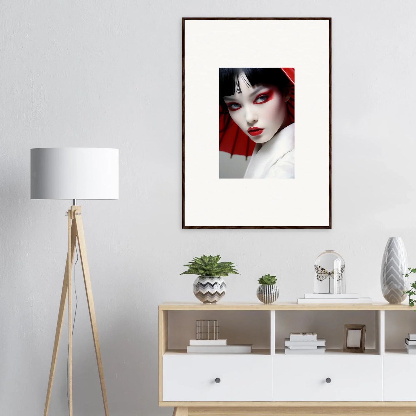 Framed canvas print of a woman with red eye makeup, perfect for scarlet visions room decoration