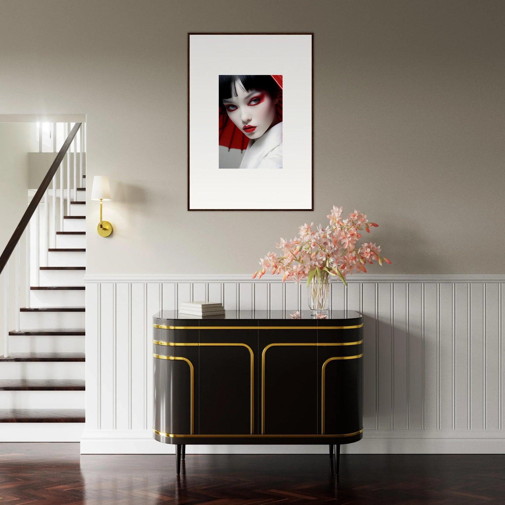 Framed canvas print of a woman in striking red and black for stylish room decoration