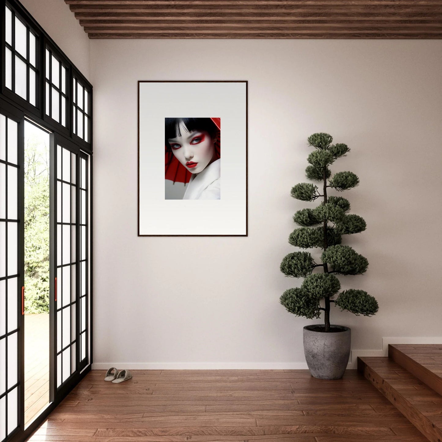 Framed canvas print of a woman with bold red and black makeup for scarlet visions room decoration