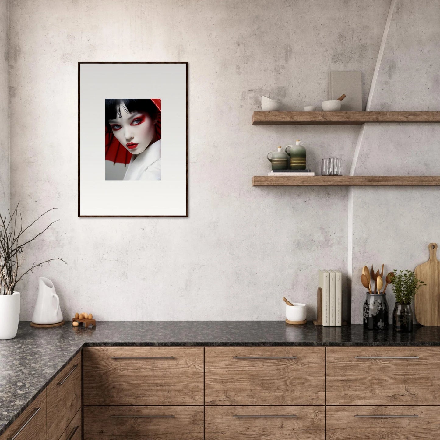 Framed portrait of a woman in red and black for stylish room decoration, Scarlet Visions