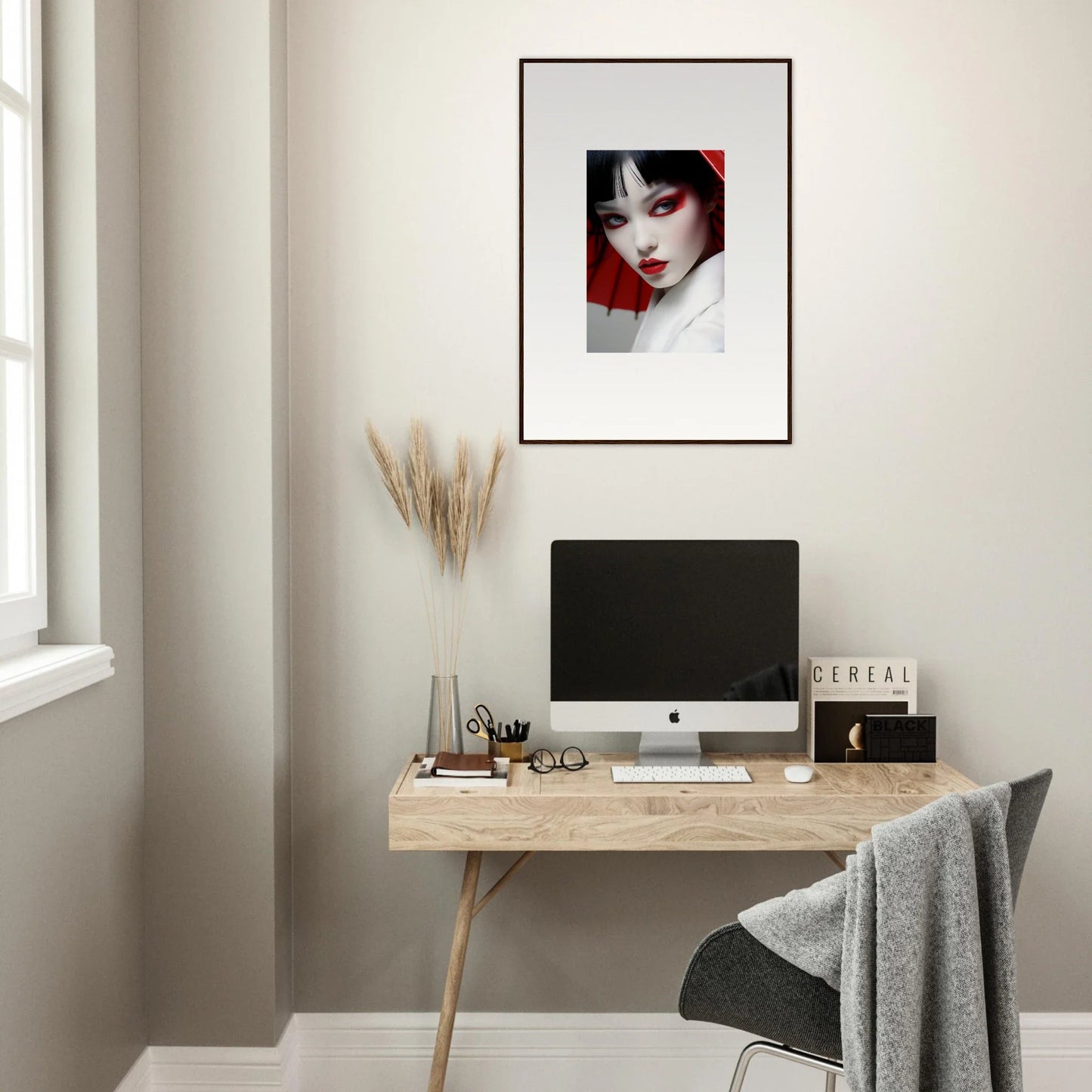 Framed canvas print of a woman with striking makeup, perfect for scarlet visions room decoration