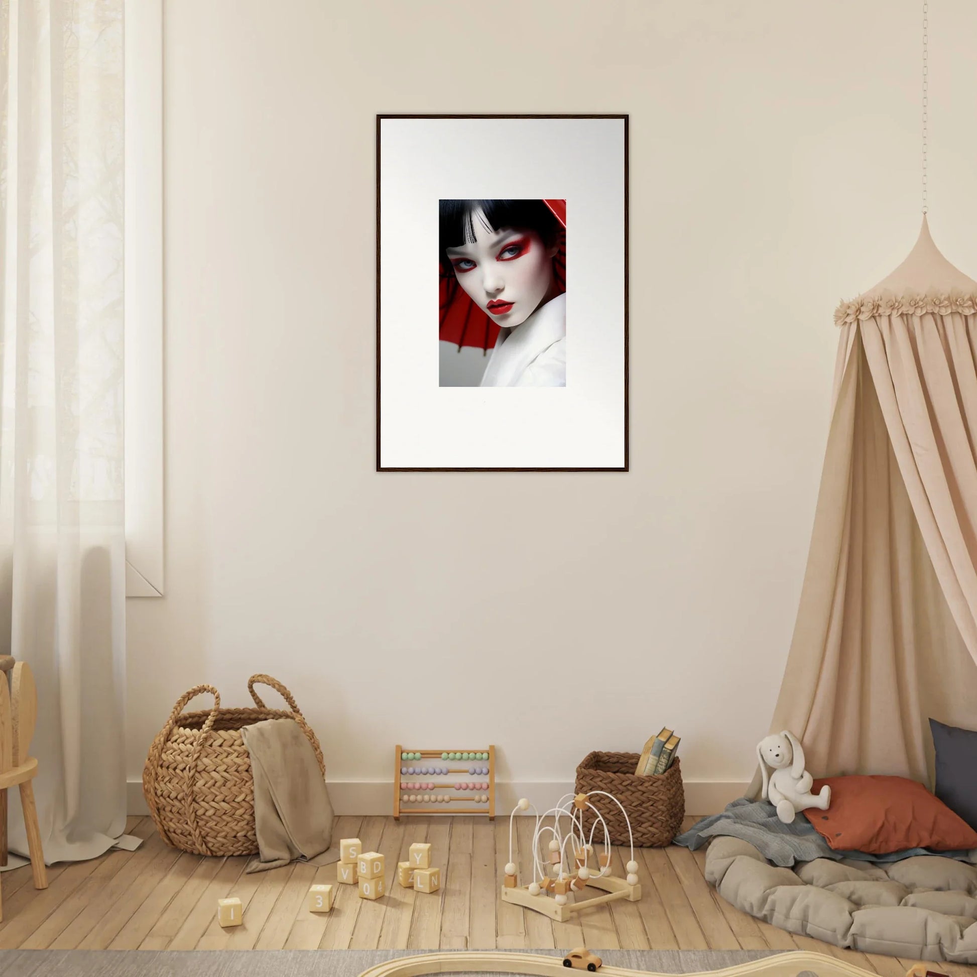 Framed portrait of a woman in striking red and black makeup, perfect for scarlet visions room decoration