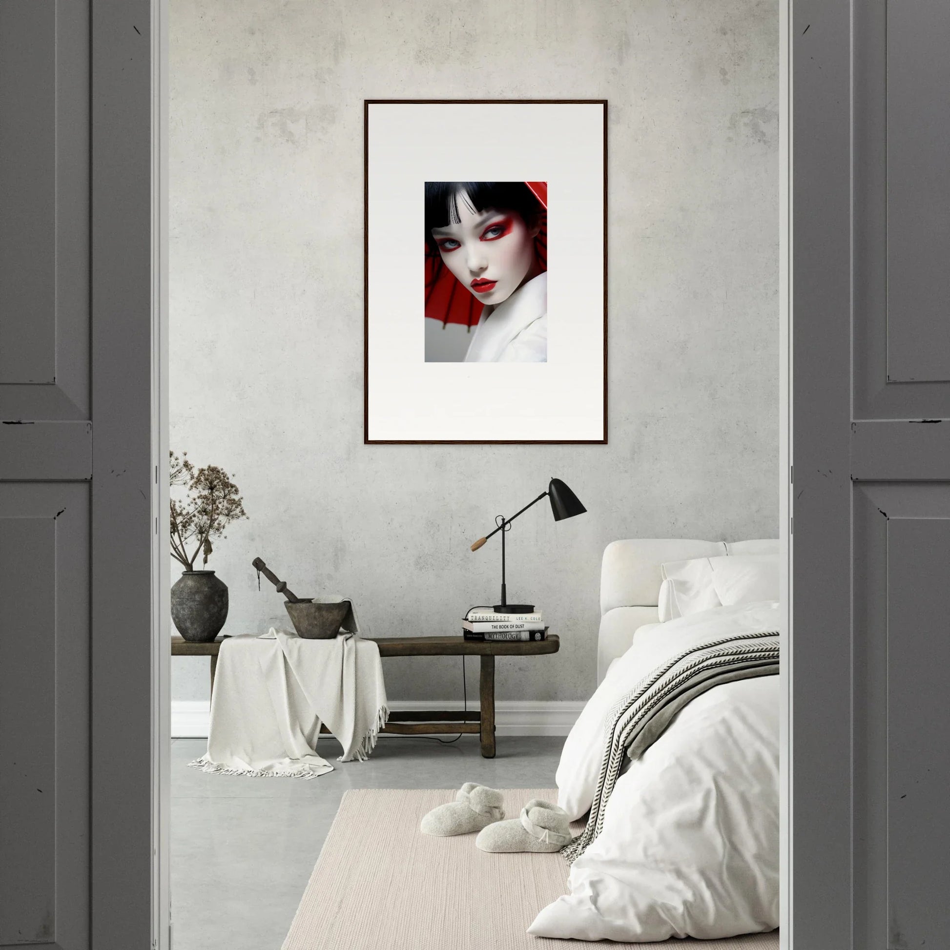 Framed canvas print of a woman with scarlet visions makeup for stylish room decoration