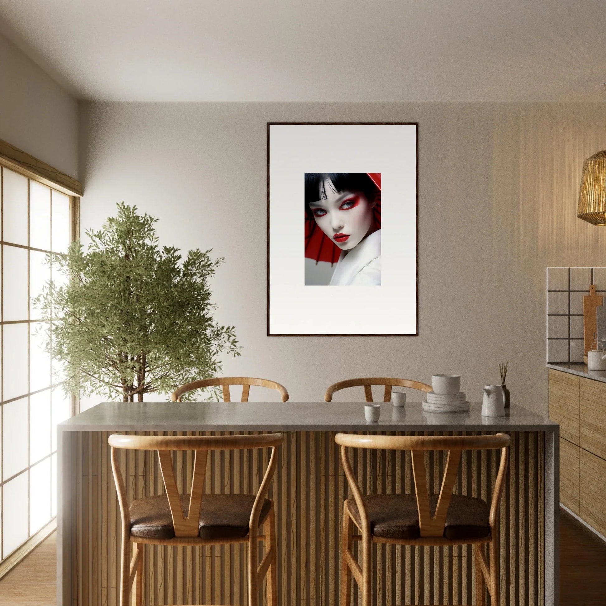 Bright dining area featuring a table, chairs, and a striking Scarlet Visions canvas print