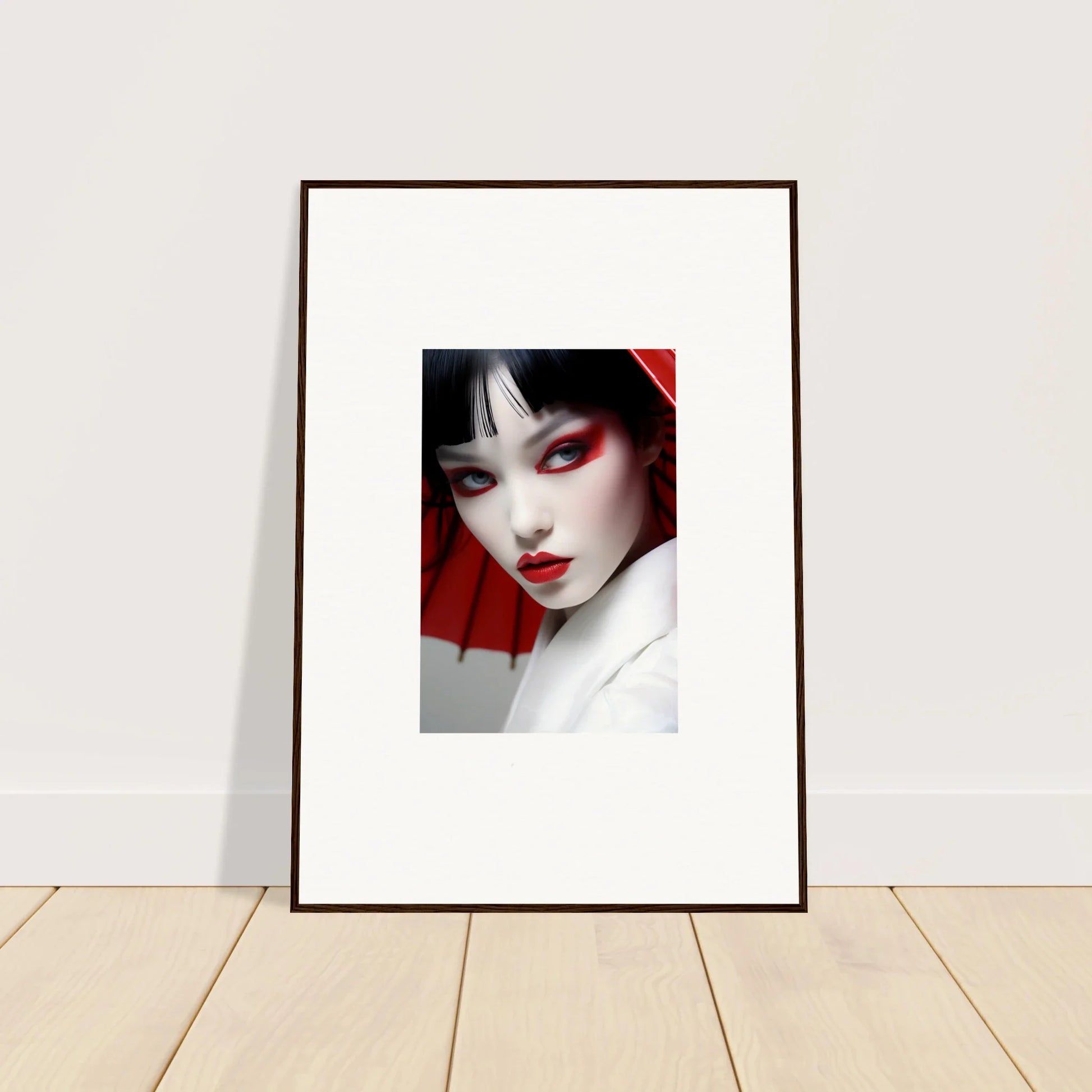 Framed canvas print of a woman with bold red makeup, perfect for scarlet visions room decoration