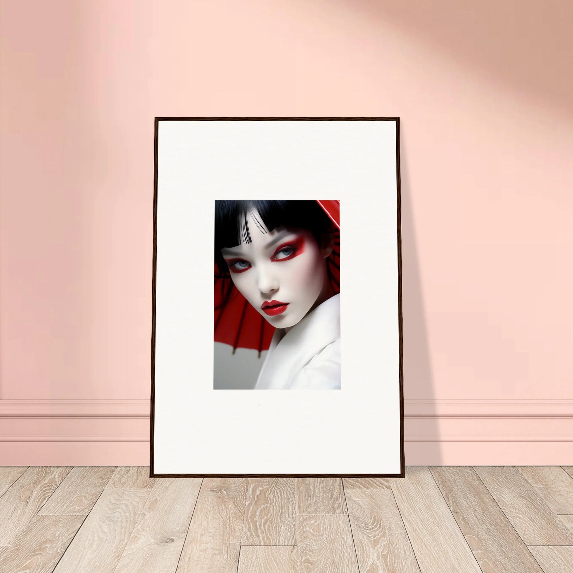 Framed canvas print of a person with bold red and white makeup for room decoration