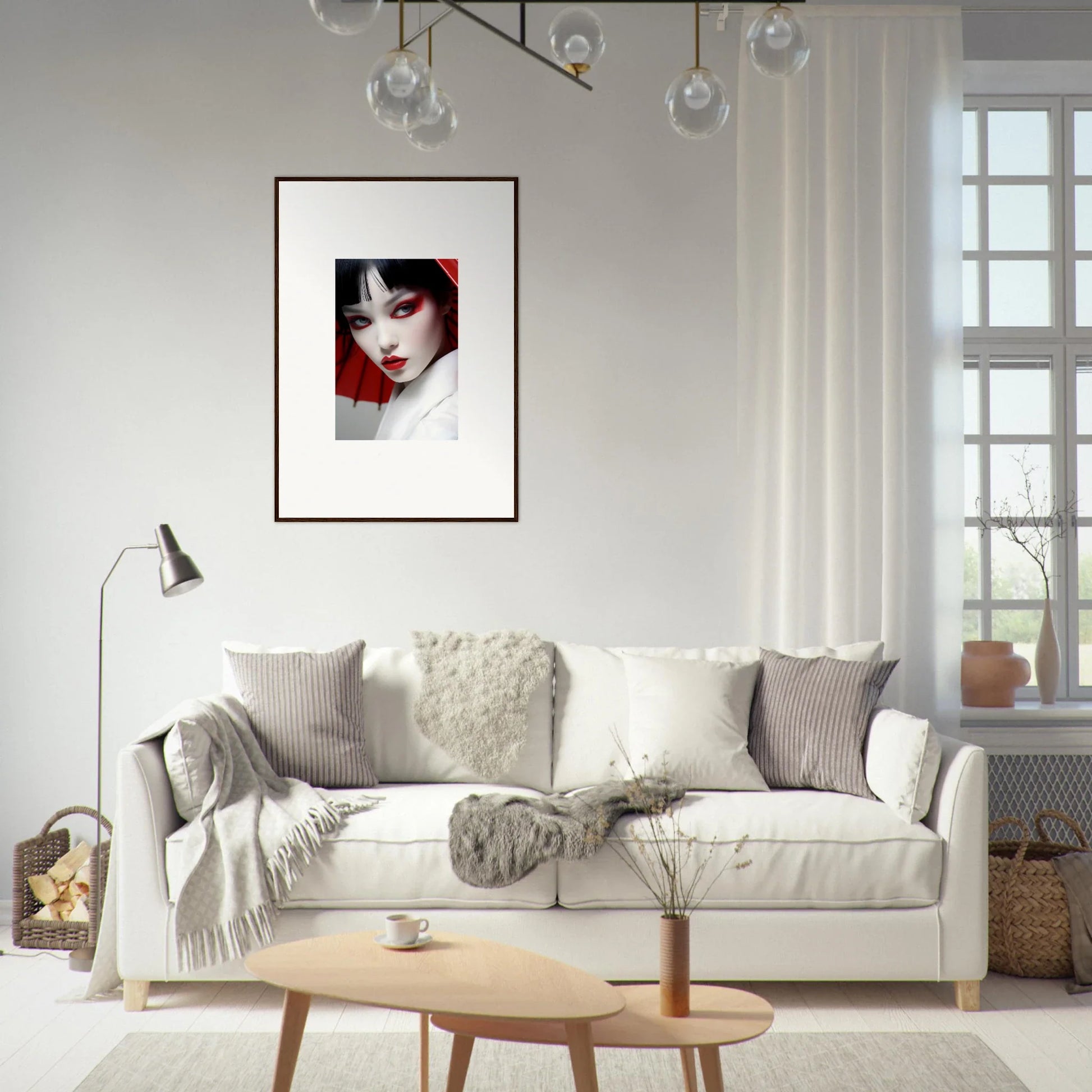 Stylish white sofa with cozy throw pillows and blankets, perfect for a Scarlet Visions room decoration