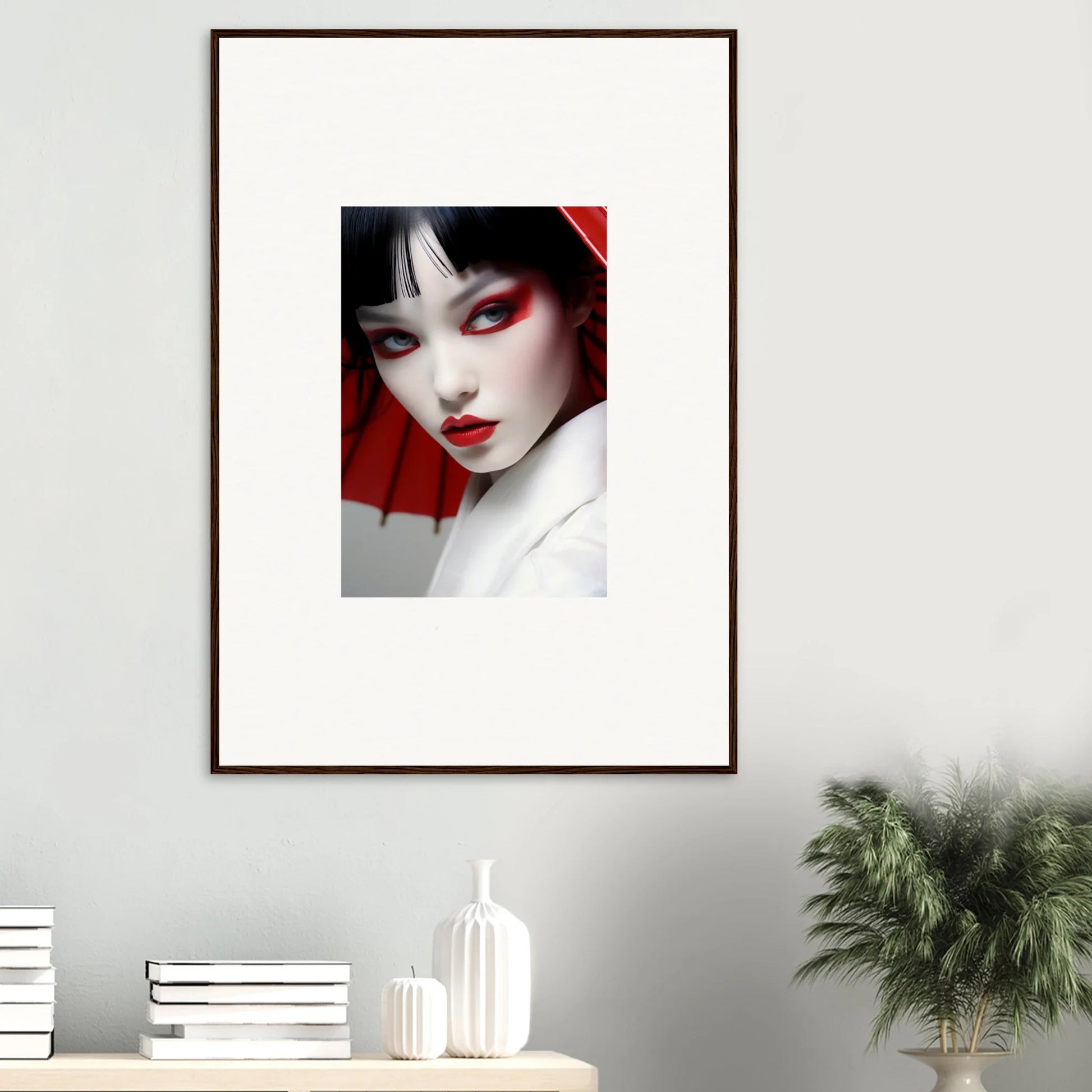 Framed canvas print of a woman with striking geisha makeup for room decoration, Scarlet Visions