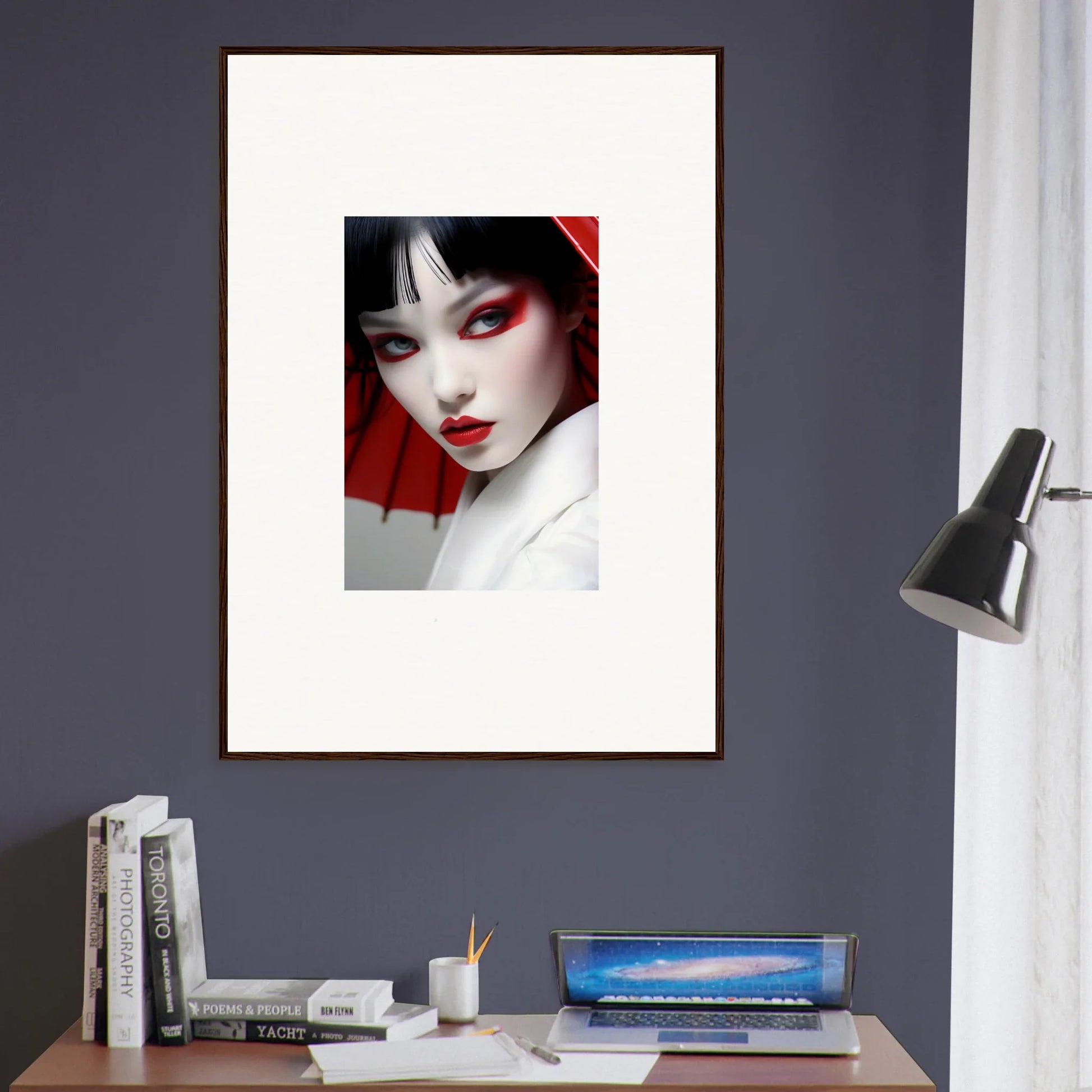 Framed portrait of a woman with red and white makeup for scarlet visions room decoration