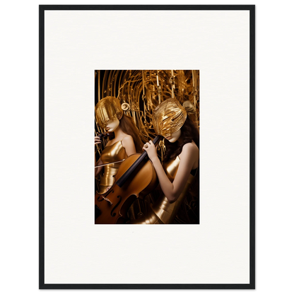 Framed photograph of golden figures playing music, perfect for room decoration