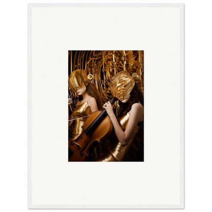 Two figures in golden masks jamming together, perfect for echoing whispers room decoration