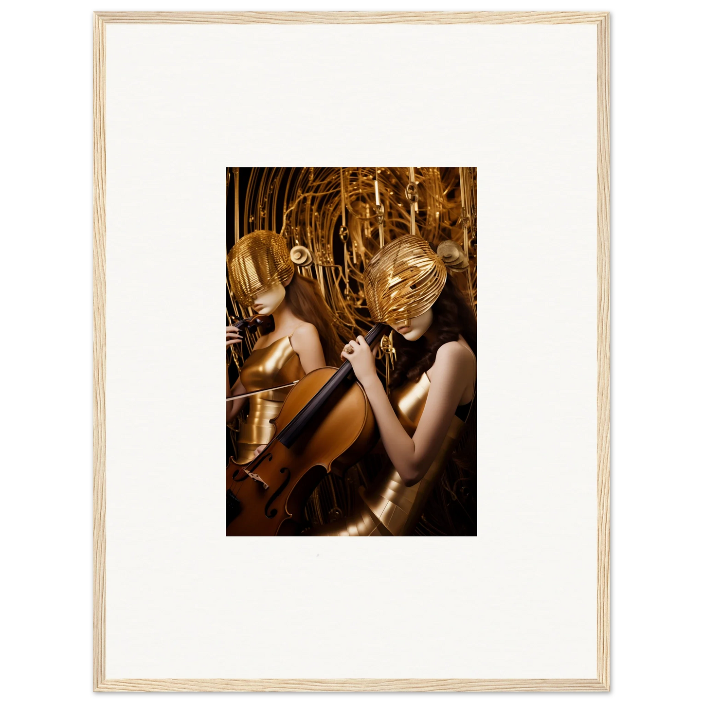 Framed canvas print of two musicians with echoing whispers on a golden backdrop