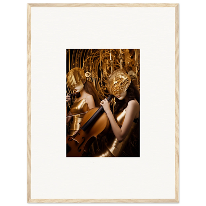 Framed canvas print of two musicians with echoing whispers on a golden backdrop