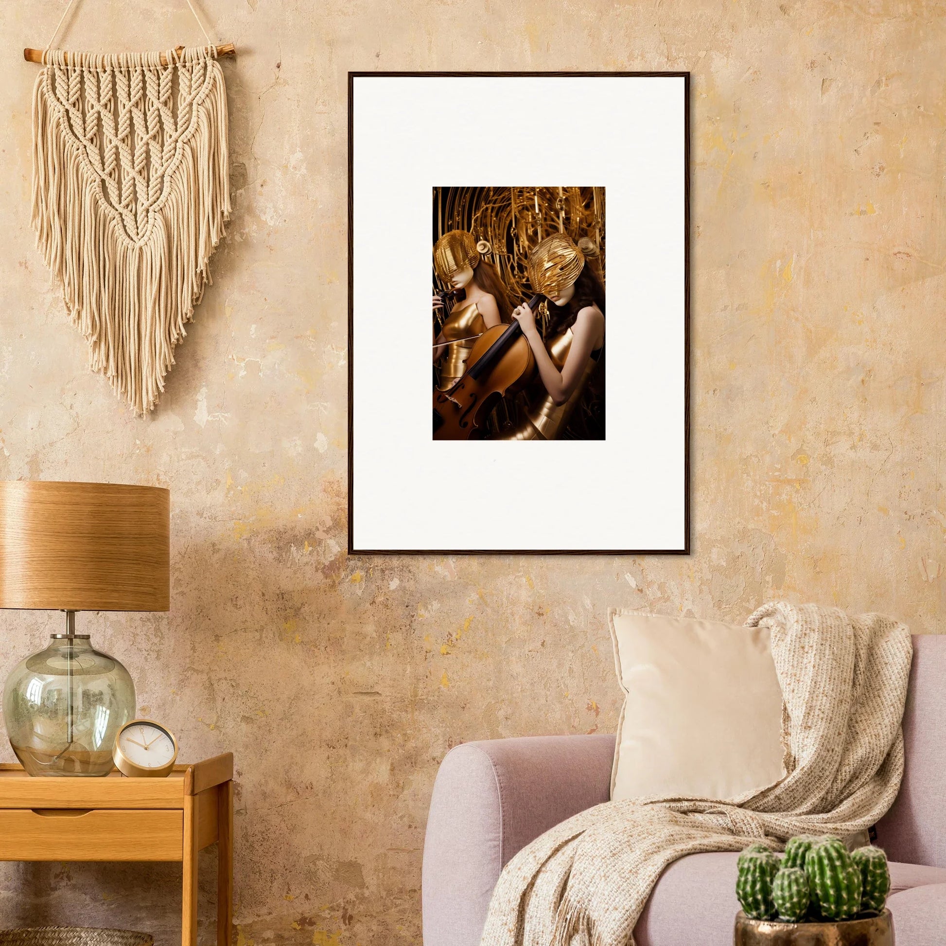 Framed canvas print of two figures in a golden setting for dreamy room decoration