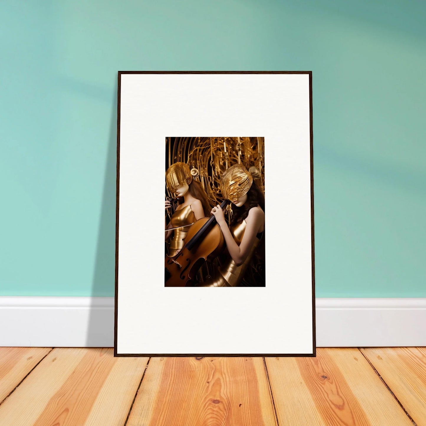 Framed photograph of a blonde person surrounded by golden elements for room decoration