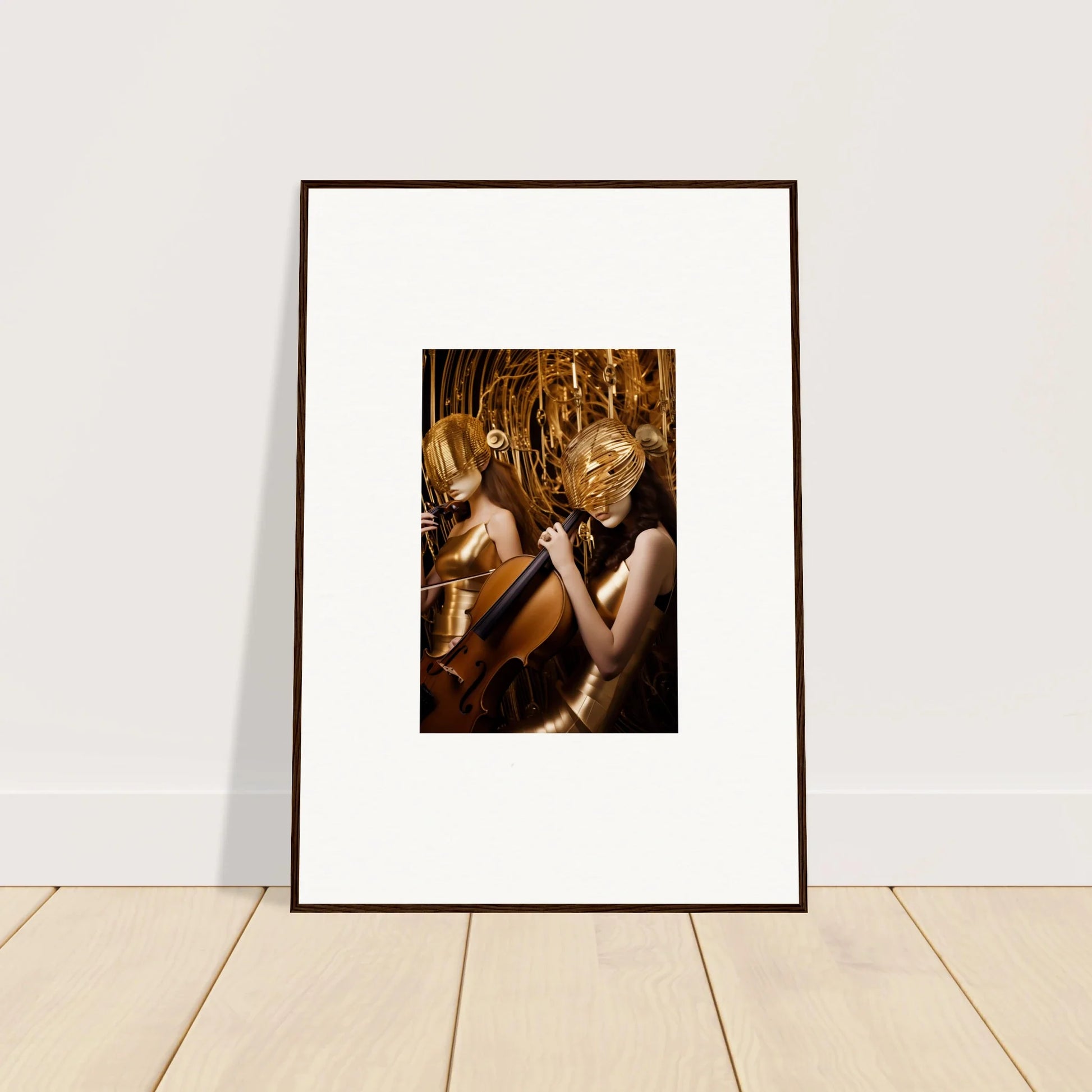 Framed canvas print of a person in gold amidst a glittery setting for room decoration