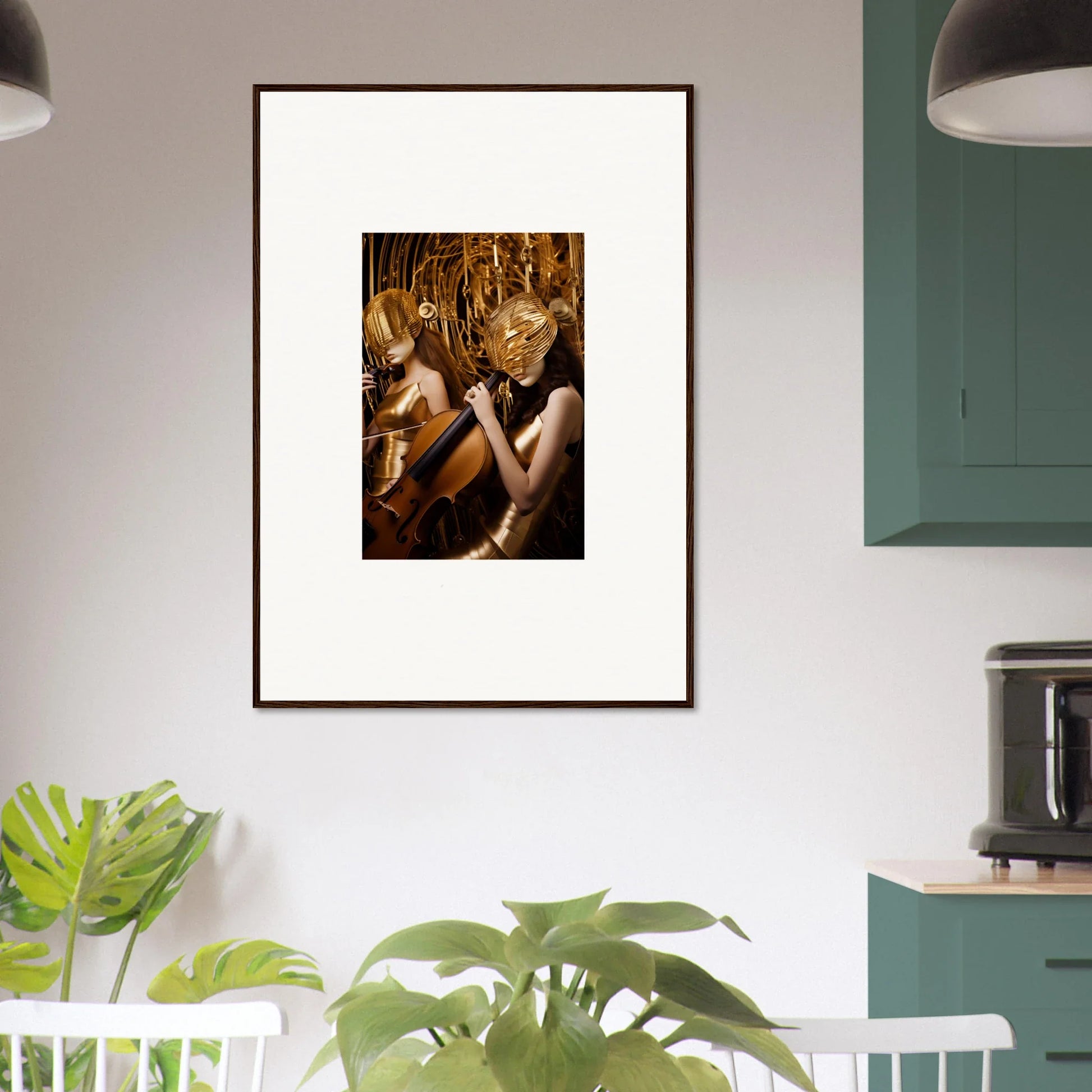 Framed canvas print of a blonde person surrounded by golden echoing whispers for room decoration