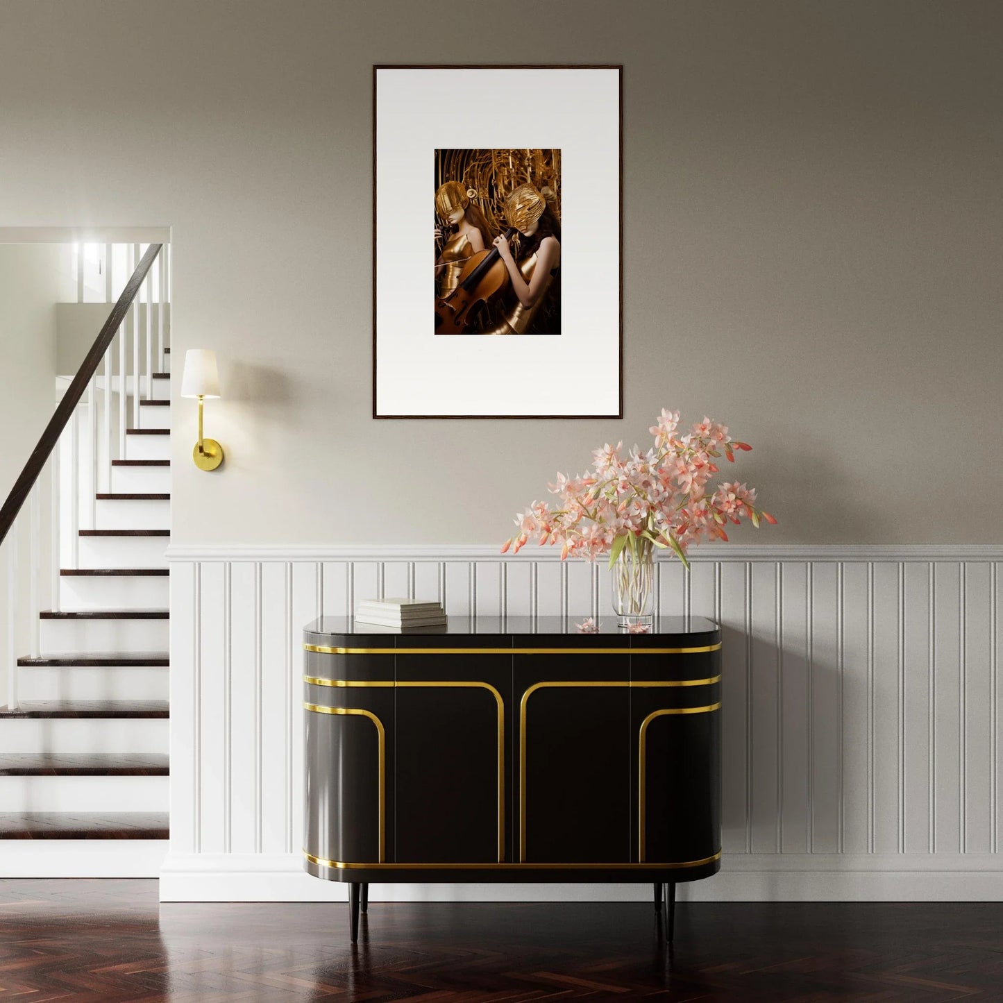 Elegant black sideboard with gold trim, perfect for room decoration and echoing whispers vibes