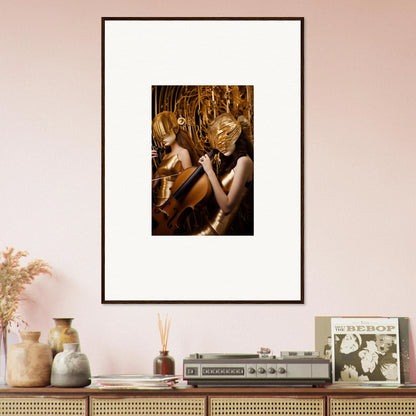 Framed canvas print of two musicians creating echoing whispers in a warm glow