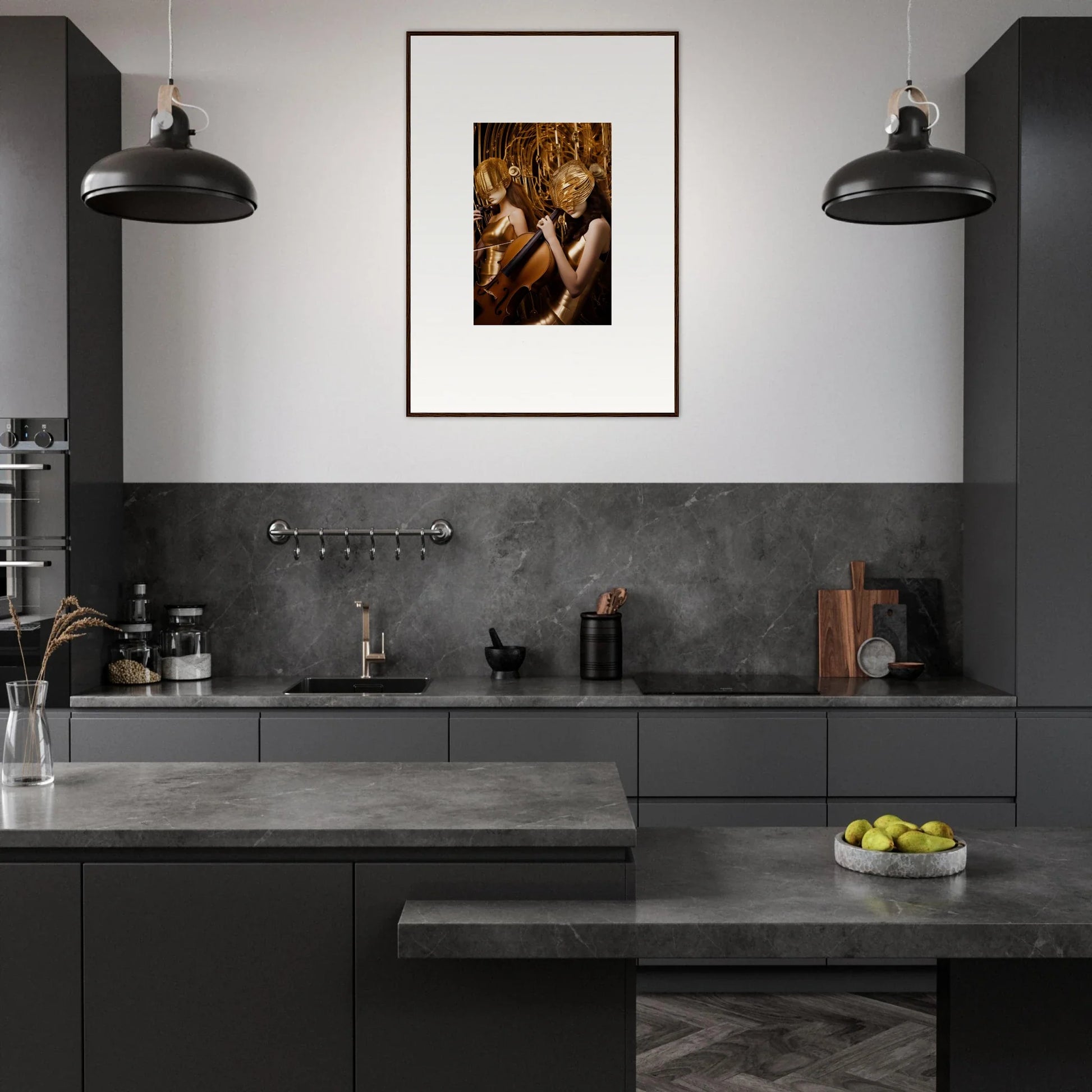 Modern kitchen with dark gray decor, perfect for adding echoing whispers to your room decoration