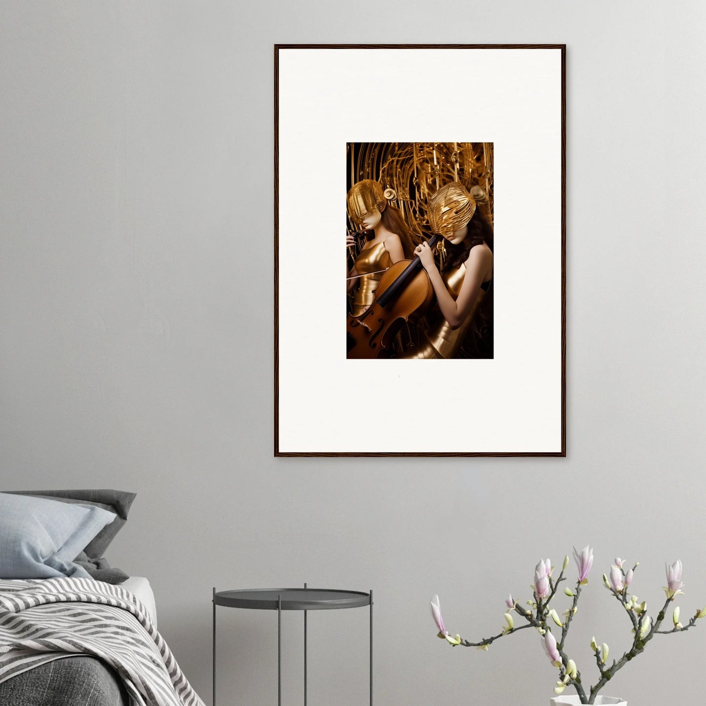 Framed photograph of two golden-toned figures for elegant room decoration echoing whispers