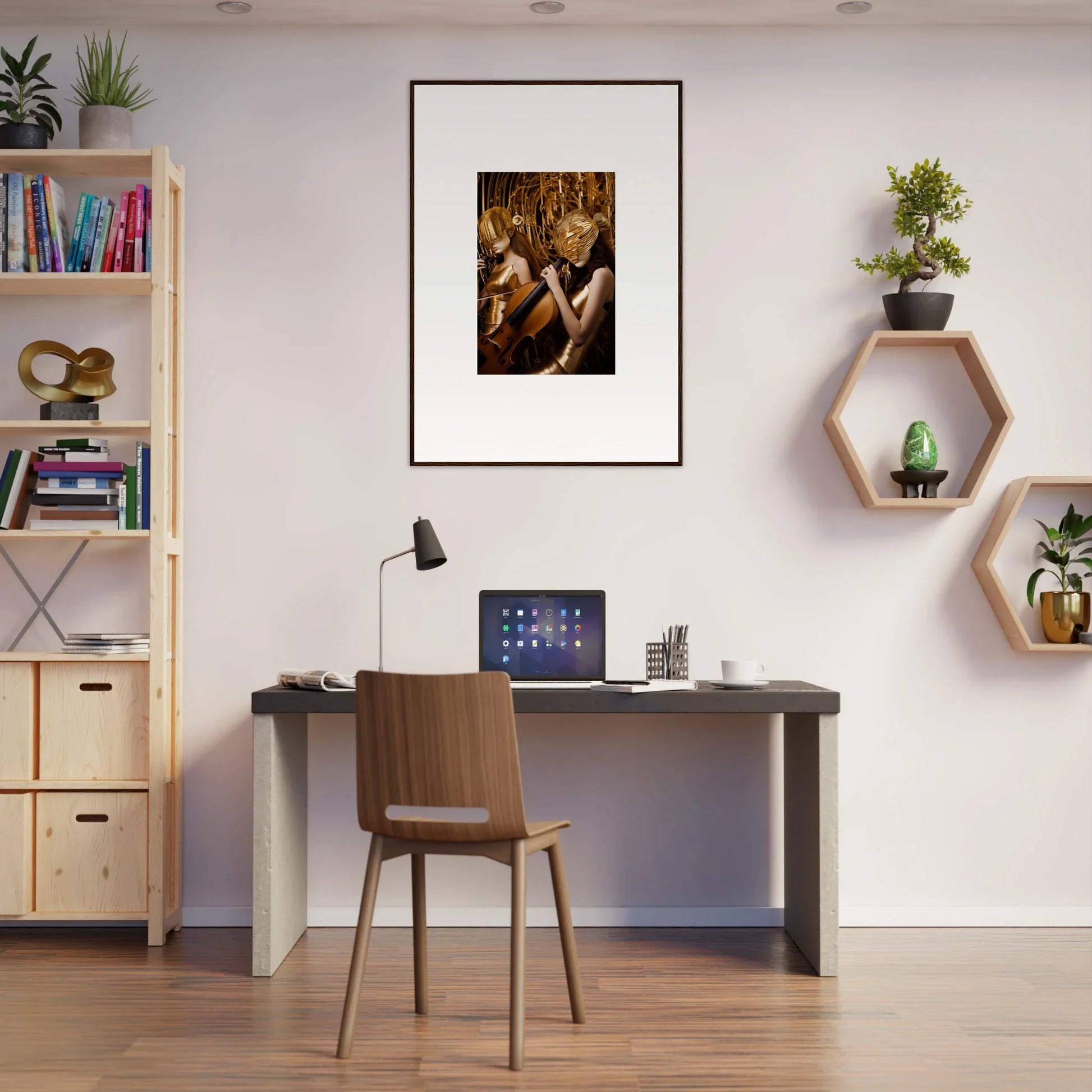 Modern home office with stylish desk, chair, and echoing whispers canvas print