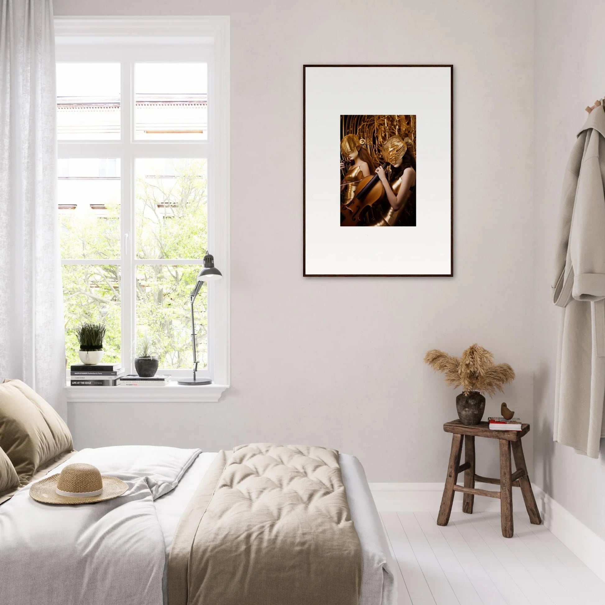 Cozy bedroom with light decor and a canvas print of Echoing Whispers on the wall