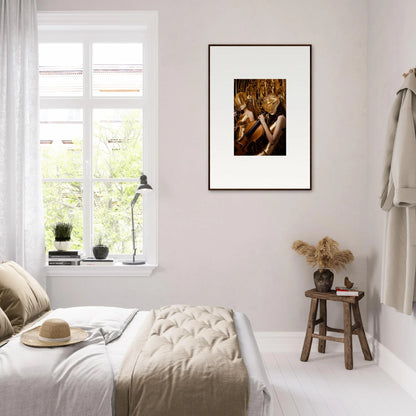 Cozy bedroom with light decor and a canvas print of Echoing Whispers on the wall