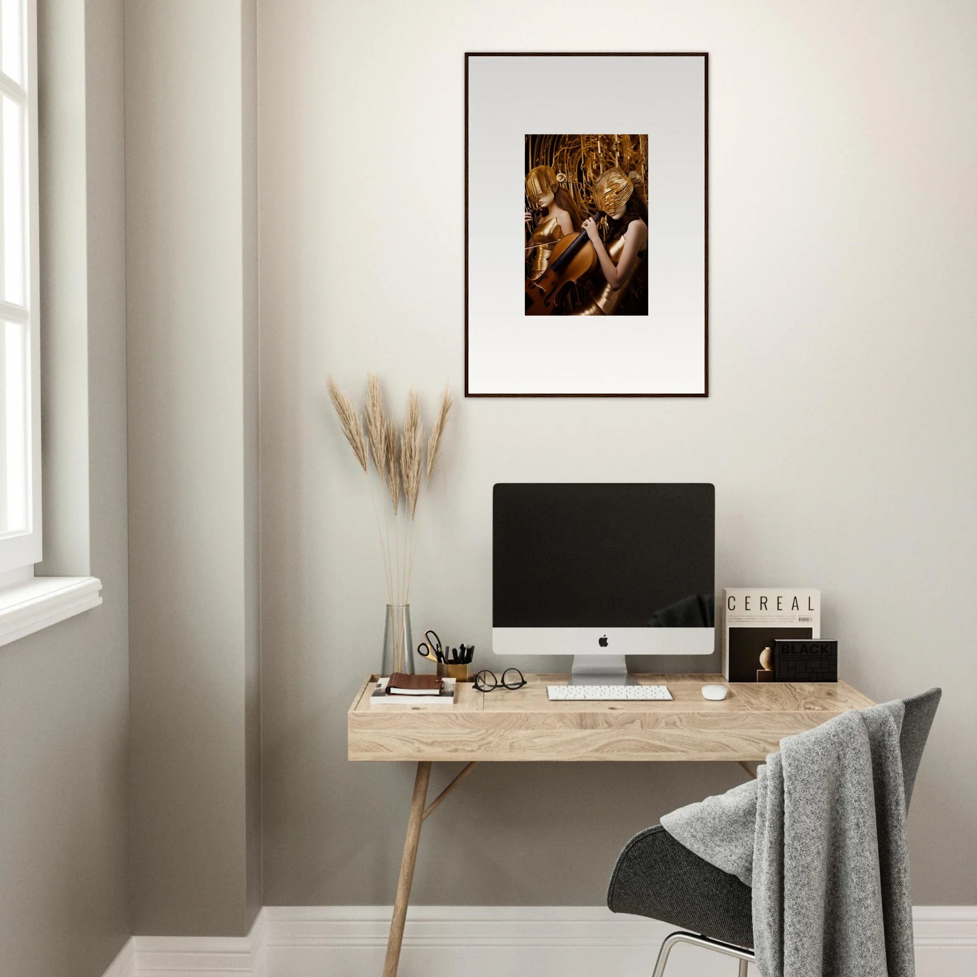 Minimalist home office with a wooden desk and Echoing Whispers canvas print decor