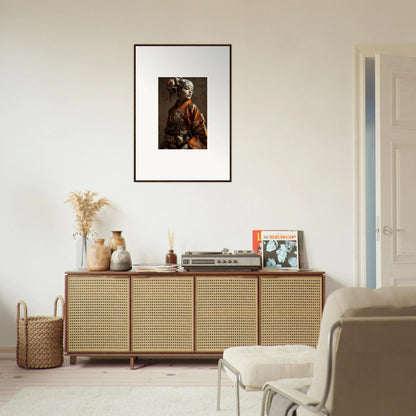 Rattan-fronted wooden sideboard enhancing room decor with shadows whispering and framed wall art