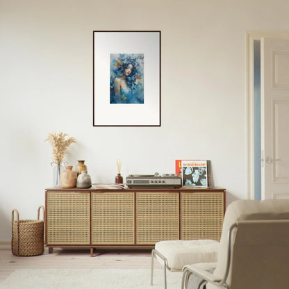 Rattan-fronted wooden sideboard with decorative items and framed wall art for Room Decor