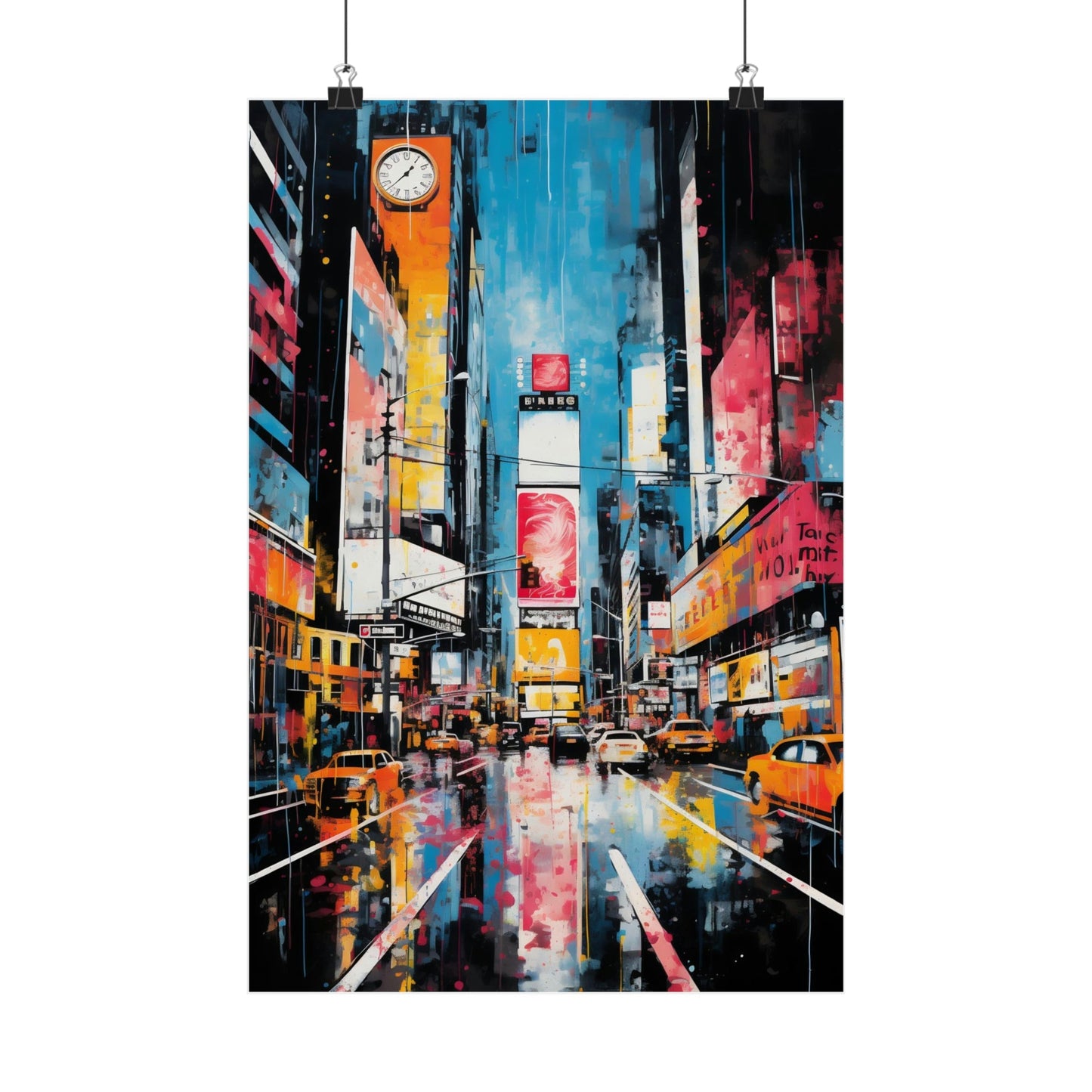 Vibrant, colorful painting of Times Square in New York City at night.