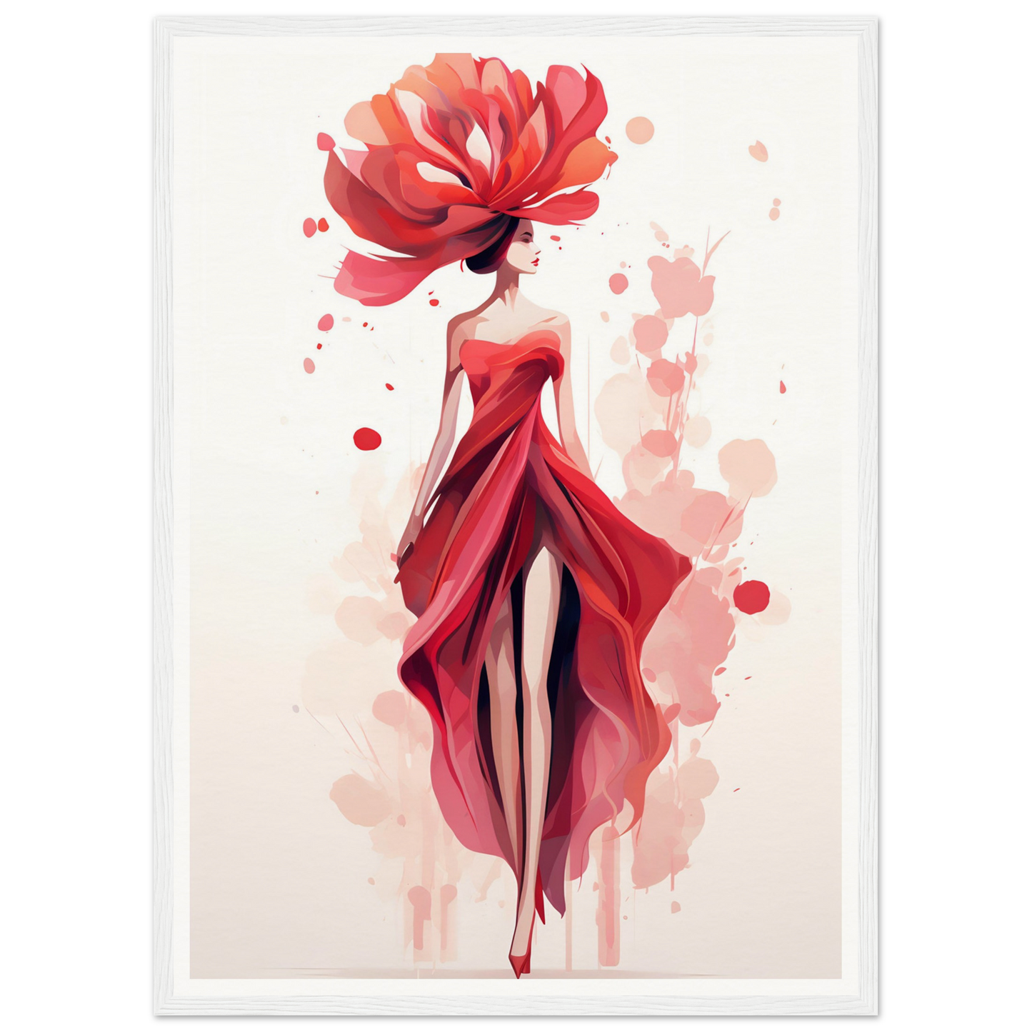 A red dress and hat with watercolor splashs on it