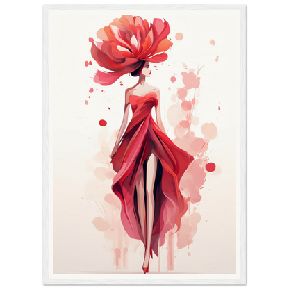 A red dress and hat with watercolor splashs on it