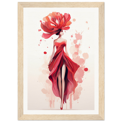 A red dress and hat with watercolor splashs on it